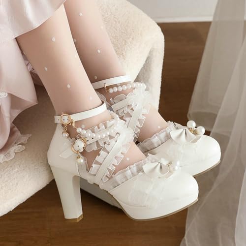 LUXMAX Women Cute Mary Janes Kawaii Shoes Block High Heel Ankle Strap Pumps Sweet Chunky Heel Platform Buckle Pumps with Bow2