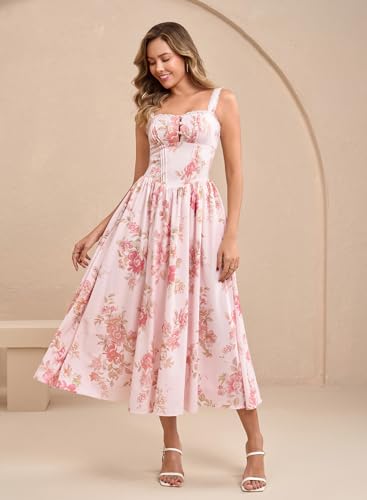 Image of KUTUMAI Women Summer Corset Midi Floral Wedding Guest Dresses with Pockets | Lace Neck, Smocked Back, Flowy A Line Sundress for 2026 Engagement Photoshoot Bridal Shower Garden Party