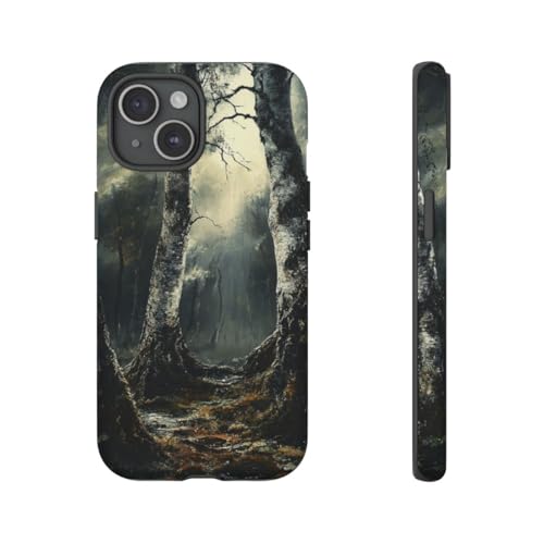 Coque rigide iPhone 15 forêt sombre bouleaux gothiques mate