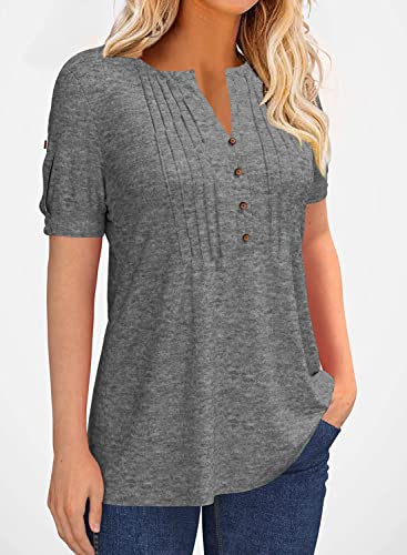 Women's Fashion Summer Pleated Button Short Sleeve T-Shirt Summer V-Neck Solid Color Casual Tunic Top Grey #TOP1