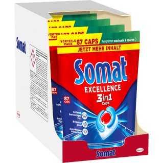 SOMAT Excellence 3in1 Caps (4x87), schnellauflösende Spülmaschinen Caps bekämpfen hartnäckiges Fett auch im Niedrigtemperatur-, Kurz- & Eco-Programm, Somat Caps für brillanten Glanz