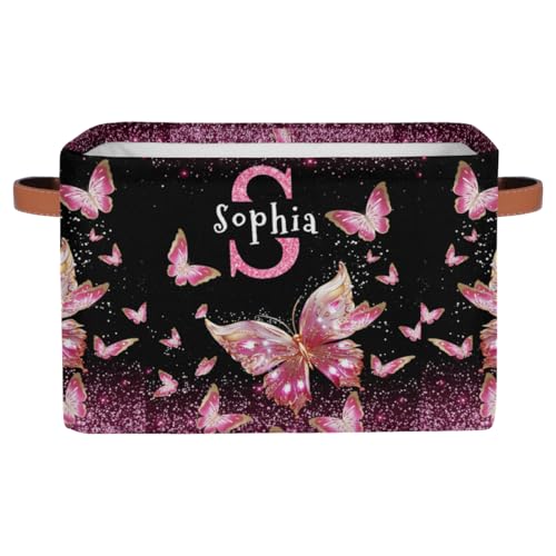 Custom Rectangular Initial Letter Storage Basket, Kids Toys Bin, Books Shelf Basket, Shiny Gold Pink Butterfly with Glittering Dreamy Clothes Towel Storage Bin for Nursery, Gift Basket