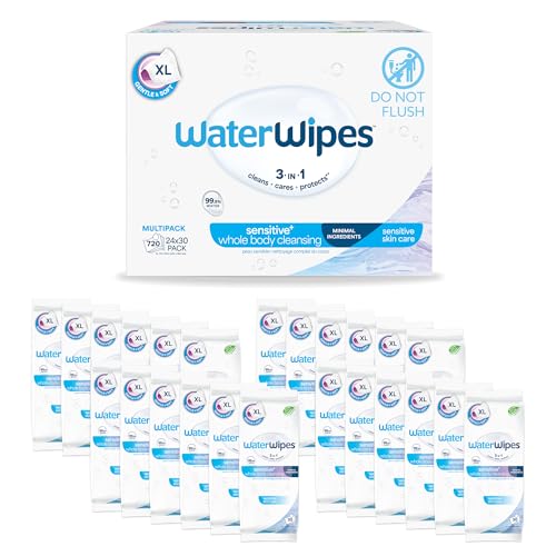 Image of WaterWipes Sensitive Whole Body Cleansing Wipes, 99.9% Purified Water, XL Textured Wipes, Incontinence Care, Fragrance Free, 360 Count (12 Packs)