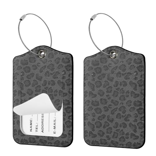 Ksriylm 2 Stück Personalisiert Leopard Kofferanhänger, Schnellen Auffinden PU Leder Gepäckanhänger mit Adressschild und Namenschild, Reiseessenziale Kofferanhänger für Kreuzfahrten Flugreise, Schwarz