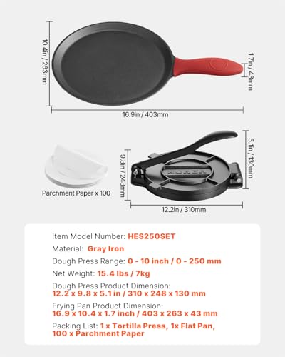 Image of VEVOR Tortilla Press, 10 Inch Cast Iron Tortilla and Roti Maker, Heavy Duty Tortilladora Press, Pataconera Makers with Handle and 100 Pcs Parchment Paper, Dough Taco Press for Flour Tortilla, Tawa