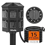 TiFFCOFiO Outdoor Power Strip Timer, Dusk to Dawn Light Sensor Countdown, 15 Feet Extension Cord Waterproof, 6 Grounded Outlets for Halloween and Christmas Decorations, ETL Listed