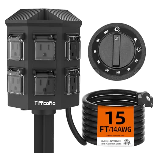 TiFFCOFiO Outdoor Power Strip Timer, Dusk to Dawn Light Sensor Countdown, 15 Feet Extension Cord Waterproof, 6 Grounded Outlets for Halloween and Christmas Decorations, ETL Listed