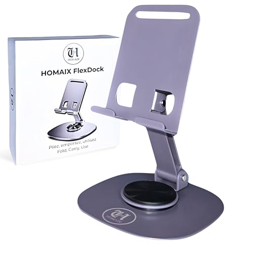 Support Téléphone Bureau En Aluminium – Support Smartphone Pliable & Réglable Rotatif 360° – Repose Téléphone Antidérapante – Pour Adulte, Télétravail & Cuisine – Support Tablette, IPad & Téléphone