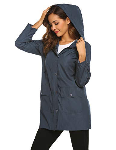 SUNAELIA Rain Jacket Women Waterproof with Stripe Liner Hood Lightweight Raincoat Outdoor Windbreaker Trench Coat S-XXL Navy Blue