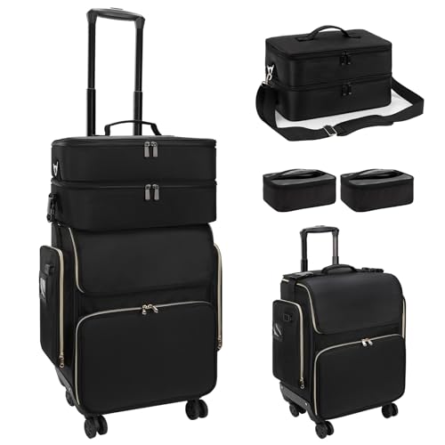 Maletín de cosméticos con ruedas giratorias 360°, maletín de peluquería con bolsa extraíble, aislamiento térmico, carrito de cosméticos para peluquería, maletín de maquillaje grande, Negro ,