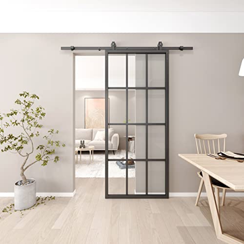 BARNSMITH Clear Glass Sliding Door, 91x214cm DIY Modern Pre-Drilled Holes Aluminum Frame Interior Barn Door Panel for Closet Office Kitchen Bathroom Doors