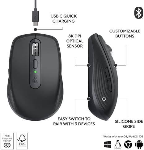Logitech MX Anywhere 3S Compact Wireless Mouse, Fast Scrolling, 8K DPI Any-Surface Tracking, Quiet Clicks, Programmable Buttons, USB C, Bluetooth, Windows PC, Linux, Chrome, Mac - Graphite - 5