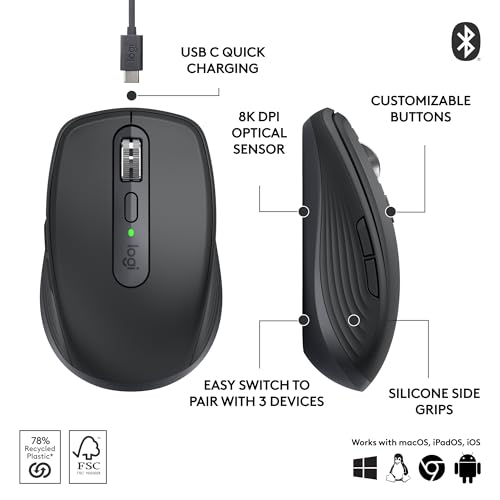 Image of Logitech MX Anywhere 3S Compact Wireless Mouse with Free Adobe Subscription, Fast Scrolling, 8K DPI Any-Surface Tracking, Quiet Clicks, Programmable Buttons, USB C, Bluetooth - Graphite
