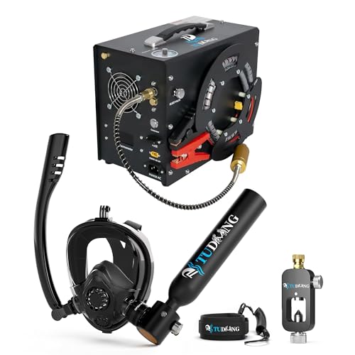 Tanque de Buceo TUDIVING de 0.5L, Tanque de pulmón con compresor, Mini Cilindro de oxígeno con máscara Facial Completa para Trabajo subacuático (Black S200Plus A3+Air Compressor)