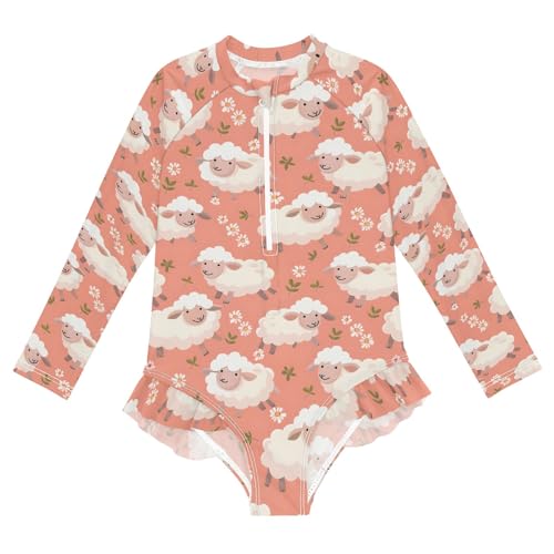 Sheep and Flower Girls Long Sleeve Swimsuit Rash Guard One Piece Bathing Suits Zipper 3-12T