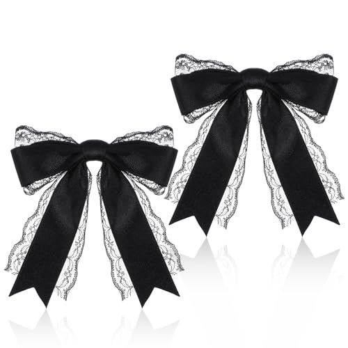 Matwsec 2 Pcs Black Hair Bow Clips Lace Black Hair Accessories Bow Ribbon Hair Clip with Long Tail for Women & Girls Wedding Halloween Gothic Dress Decor Party Accessories Gift