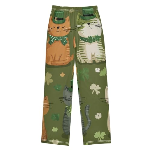 Lucky Clovers Cat Boys Long Pants Soft Trousers Elastic Waist Kids Lounge Bottoms with Pockets S-XL