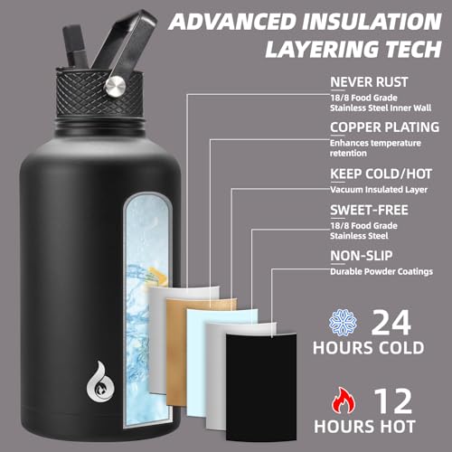 BJPKPK Half Gallon Insulated Water Bottles with Straw Lid, 64oz Large Water Jug, Stainless Steel Bottles with 3 Lids and Paracord Handle, Thermo for Hot & Cold Liquid, Black - Image 3