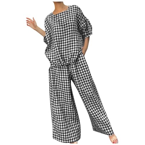 HGps8w Cotton Linen Two Piece Outfits for Women Minimalist Plaid Puff Sleeve Tops & Wide Leg Pants Baggy Beach Vacation Sets