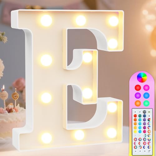 Image of Pooqla Colorful Light Up Letters with Remote, Upgraded 35 Colors LED Marquee Letters, RGB Lighted Letter for Girls Teenager Gift Birthday Party Valentines Day Decorations Gift for Him Her, Letter E