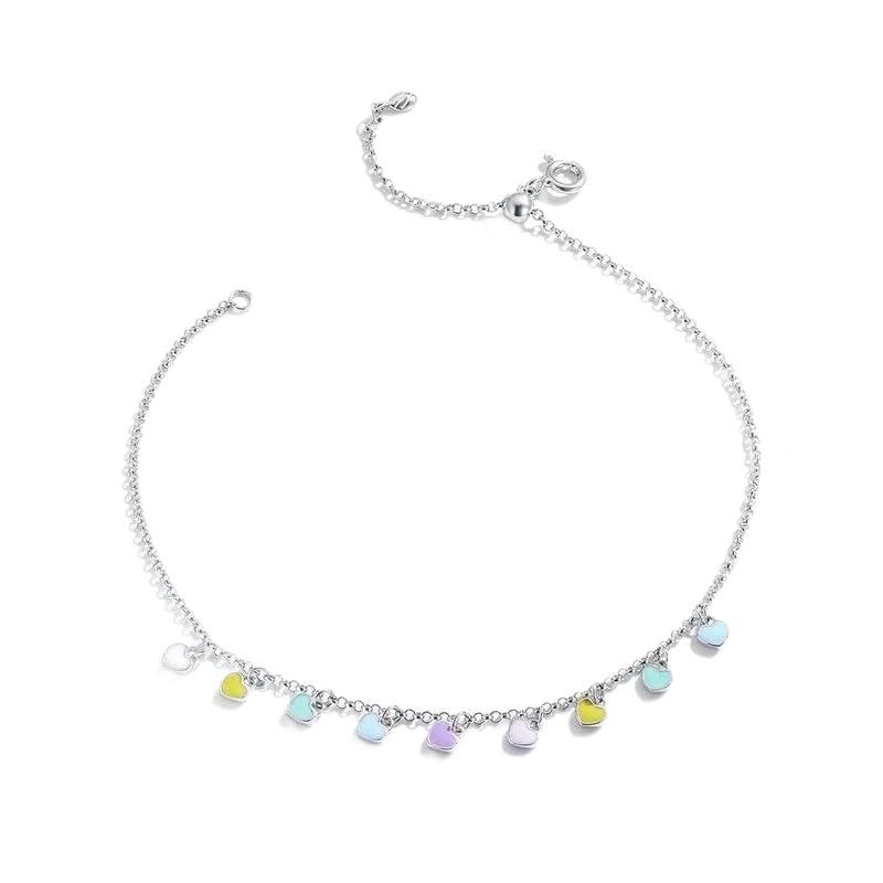 Pulsera de pie, Cadenas for el Tobillo, Tobillera de Cadena con Colgante de corazón esmaltado de Plata de Ley 925 for Mujer, Pulsera de pie de Verano, joyería for pies