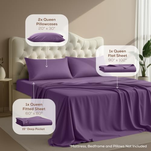 Image of Utopia Bedding Queen Size Sheet Set - 4 Piece Bed Sheets, Soft and Breathable Microfiber, Includes 1 Fitted Sheet, 1 Flat Sheet and 2 Pillowcases - Oeko Tex (Eggplant)