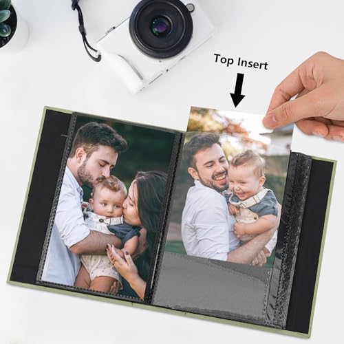 Fotoalbum klein Einsteckalbum 10x15 – 24 Taschen Mini Fotoalbum mit Fenster – Fotobuch zum Selbstgestalten für Hochzeit, Baby & Reise – Graugrün