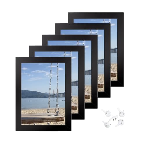 【5枚セット】サイズ対応 壁掛け・卓上両用 フォトフレーム 写真・ポストカード・絵画展示用 すっきりデザイン ブラック/ホワイト/ウッド調 (色選べる) (ブラック, 4 X 6)