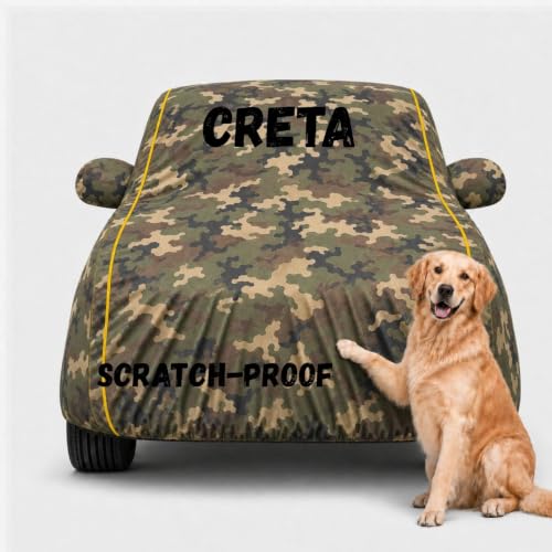Image of Waterproof Car Cover for Creta | Soft Cotton Lining Heavy Duty Triple Stitched Heat Resistant Outdoor Cover Comes with Mirror and Antenna Pocket Full Bottom Elastic (Jungle)