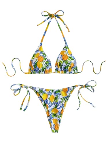 GORGLITTER Women's High Waisted Thong Bikini Set Lemon Graphic Halter Triangle Top Swimsuit Bathing Suit