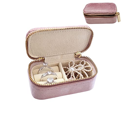 Plush Velvet Travel Jewelry Box Organizer, Mini Travel Jewelry Case, Jewelry Travel Organizer, Jewelry Box for Girls Women (Pink)