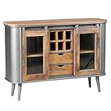 Structure en acier patiné vernis, dessus, facade, caisson, tiroir en palissandre, fond de tiroir en MDF, porte coulissantes en verre 4mm