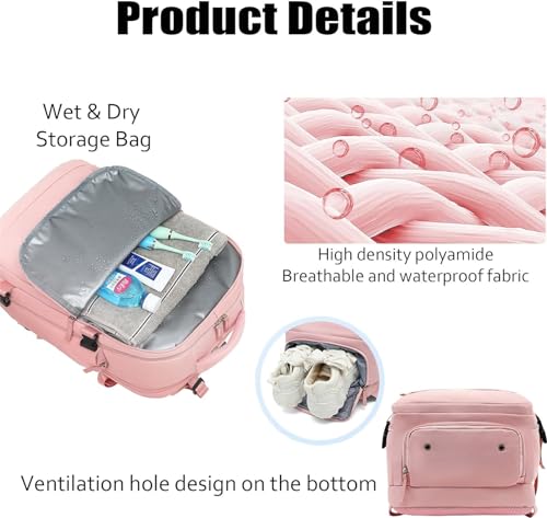 Tourism Backpack, Travel Backpack for Women Airline Approved, Hiking Bag, Anti Theft Business Backpack with Shoes Compartment (Pink)3