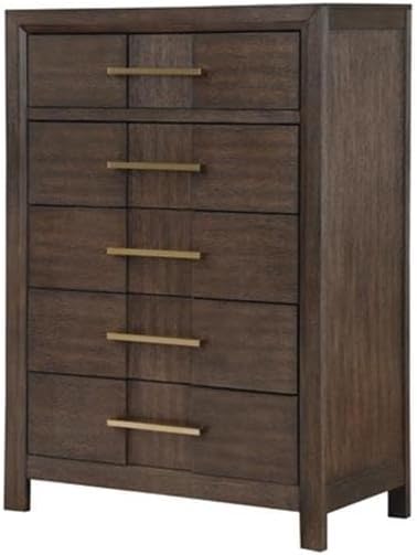 Pemberly Row Chest, Modern Design, Solid + Manufactured Wood, Walnut Finish, 5 Spacious Drawers, Gold Metal Handles, Vertical Storage, Elegant Bedroom Furniture