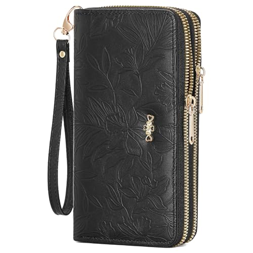 Image of RNIEGA Wallets for Women RFID Blocking Leather Women's Wallet Large Capacity Double Zip Wristlet Clutch | Credit Card Holder Ladies Phone Purse