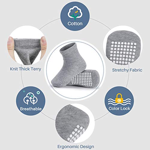 Image of JAKIDAR 12 Pack Baby Socks Cotton Crew Toddler Socks Grips Non Slip Bottom Kids Socks