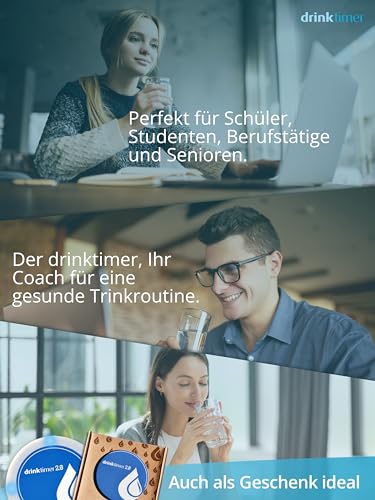 Trinkerinnerung drinktimer 2.0 – Achtsamkeit Trink Coach – Mehr Wasser trinken Alarm – Hilfe für bessere Flüssigkeitszufuhr – Ausreichend trinken hilft gegen Müdigkeit, Kopfschmerzen und Stress