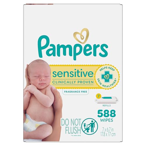 Image of Pampers Baby Wipes Sensitive, Water Based Wipes, Hypoallergenic and Unscented for Babies, 588 Wipes Total (7 Refill Packs)