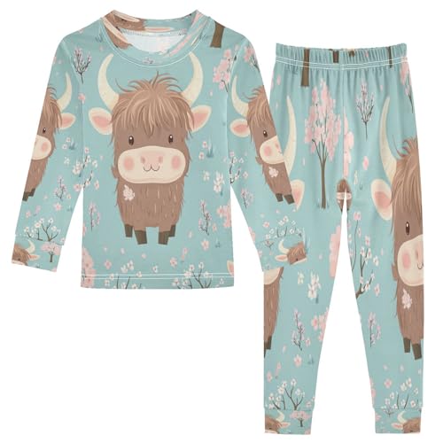 Pajama Sets Long Sleeve Highland Cow and Cherry Blossom Soft Comfy Sleepwear 2 Piece PJS 3-8T