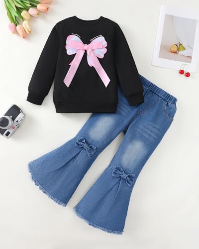 Image of SODLON Kids Toddler Girl Clothes Winter Outfits Shirt Top Bell Bottom Jeans Denim Pants Set Little Girl Fall Spring Clothing