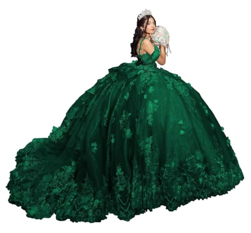 Zhangyo Tulle Emerald Green Quinceanera Dresses Ball Gown with Bow 3D