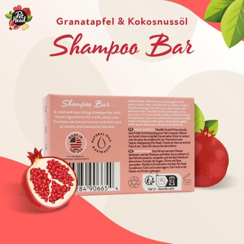 Pet Head Granatapfel-Hundeshampoo-Seife | Reinigung, Feuchtigkeit & Nährstoffe mit Kokosnussöl für weiches Glänzendes Fell | Tiergerecht | Natürliche Zutaten | Vegan | Ohne Parabene und Sulfate | 85g