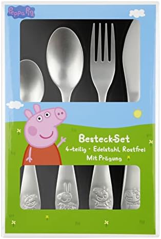 Peppa Pig Peppa Pig Zestaw sztućców dla dzieci, 4-częściowy zestaw sztućców z nożem, widelcem, łyżką do zupy i łyżką deserową, sztućce z wytłaczanej stali nierdzewnej