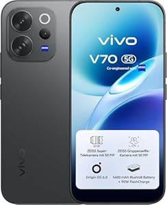 vivo V70 5G-Smartphone, 8G + 256GB, ZEISS Super-Telekamera mit 50 MP, 4K-Video, gestochen scharfes AMOLED-Display in 1.5K mit 6,59", 5.400-mAh-Akku, 3D-Fingerabdruckscanner, IP68 und IP69, Android 16