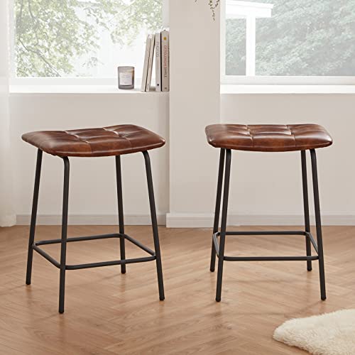 DUHOME Butacos cuadrados acolchados para barra de cocina, set de 2 unidades, tapizados en cuero sintético transpirable con reposapiés, sin respaldo, altura 24 pulgadas, color marrón amarillento miniatura 4