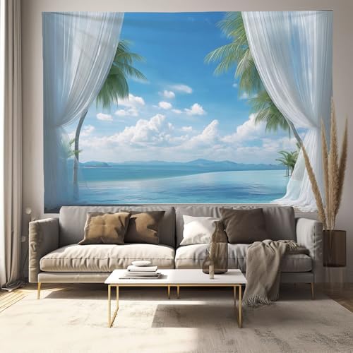 Tapisserie murale esthétique pour cacher un mur blanc : décor paysage de mer azurée