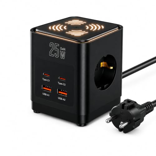 Küp Çoklu Priz 3 Topraklamalı AC Priz, 2 Type-C + 2 USB-A Çıkışlı, 25W Hızlı Şarj, 3680W 16A, Dokunmatik 3 Kademeli LED Gece Lambası, 1 Metre Kablolu Masaüstü Priz