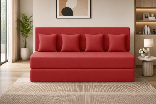 Image of Los Angeles Foldable Four Seater Sofa Cum Bed, Sofa Bed 6X6 Feet Jute Fabric Washable Cover Including Four Cushion Perfect for Living Room,Office - Red Color