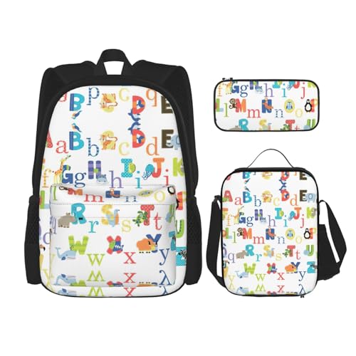 Colourful Animal Alphabet Print 3 Piece Set Backpack, Lunch Bag, Pencil Case, Cute Sturdy For College And Travel