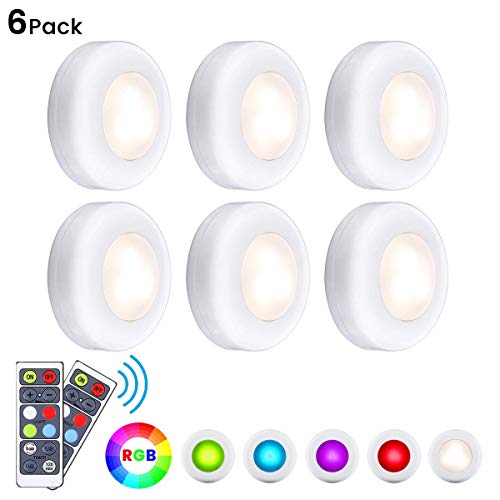 Preisvergleich Produktbild Unter Schrankbeleuchtung,6er Pack RGB Schrankleuchten LED Nachtlicht Batteriebetrieben mit Fernbedienung LED Puck Lichter Einstellbare Schranklampen für Wandschrank Treppe Schublade Batteriebetrieben